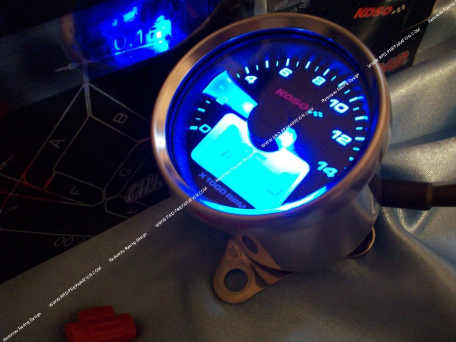 Compte tours à aiguille + température KOSO Ø55mm fond noir rétro-éclairé  bleu universel (scooter, mécaboite