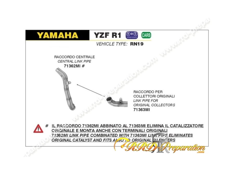 Duo de raccord ARROW pour silencieux THUNDER sur collecteur d'origine pour YAMAHA YZF R1 de 2007 à 2009