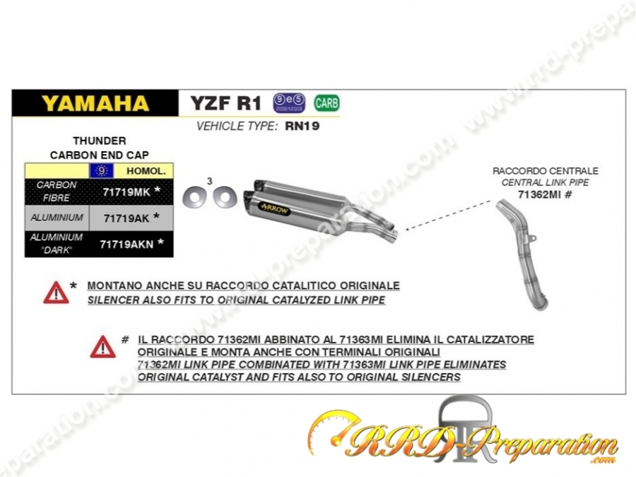 Kit silencieux THUNDER ARROW pour collecteur ARROW Yamaha YZF R1 de 2007 à 2008