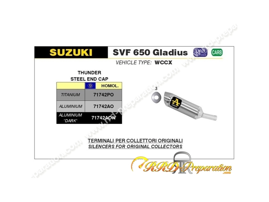 Silencieux d'échappement ARROW THUNDER pour collecteur d'origine sur SUZUKI SVF 650 GLADIUS de 2009 à 2015