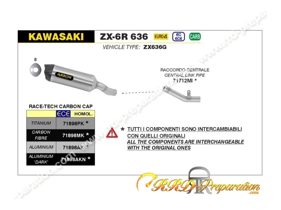 Kit silencieux d'échappement avec raccord ARROW RACE-TECH pour KAWASAKI ZX-6R 636 de 2019 à 2020