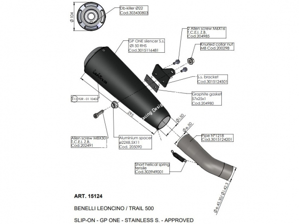 Photo du dessin technique du silencieux d'échappement LEOVINCE GP ONE pour BENELLI LEONCINO / TRAIL 500 de 2017 à 2021